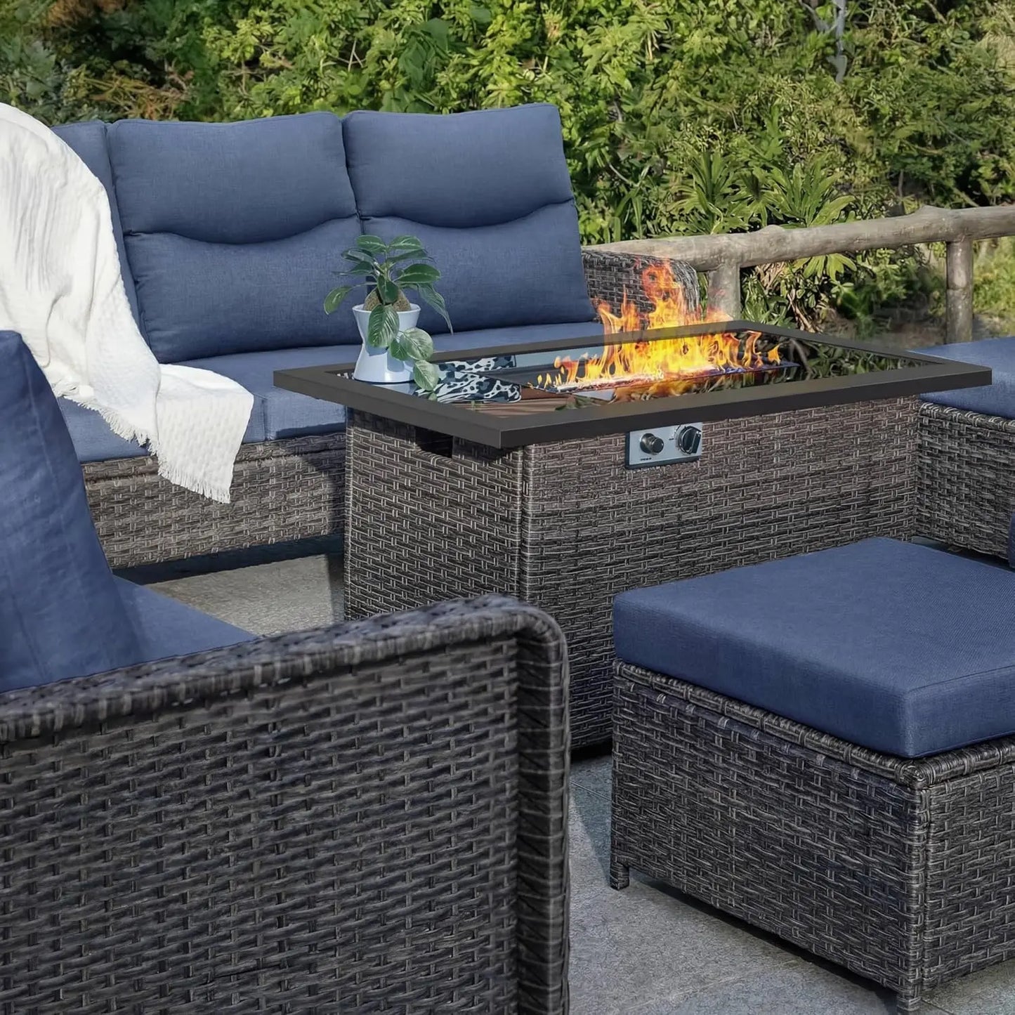 7‑Seat Patio Furniture Set – 44" Gas Fire Pit Table with Wicker Swivel Chairs, Sectional Sofa & Glider
