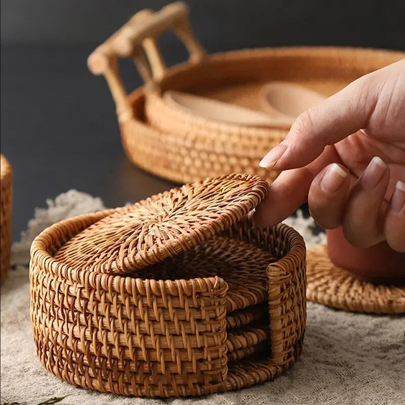 Heritage Round Rattan Coaster Set | 6-Piece Woven Drink Mats