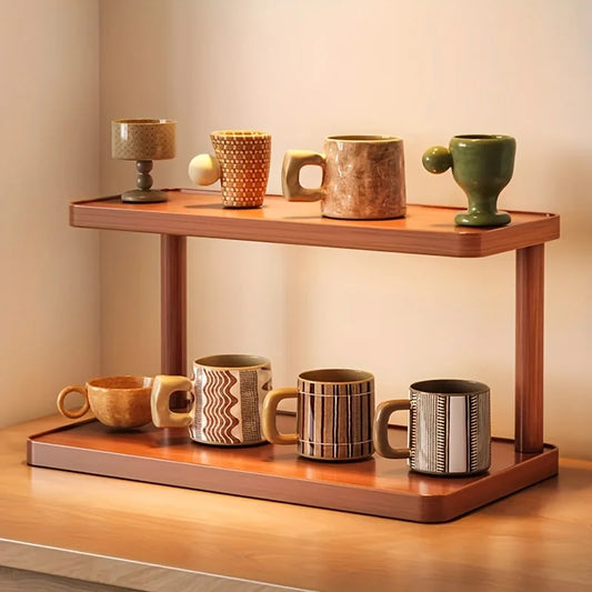 Versatile 2-Tier Wooden Storage Rack for Kitchen & Tea Room - Countertop Organizer