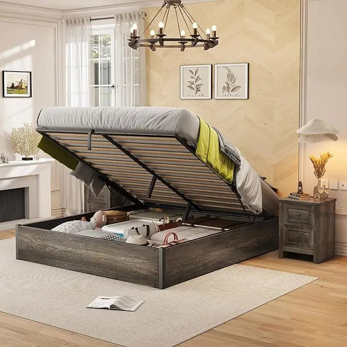 Queen Bed Frame with Lift up Storage, Wooden Platform