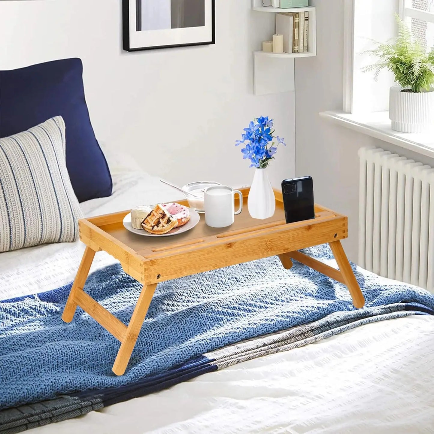 Foldable Bamboo Bed Tray Table with Media Slot – Breakfast Serving Tray for Bed, Couch & Kitchen