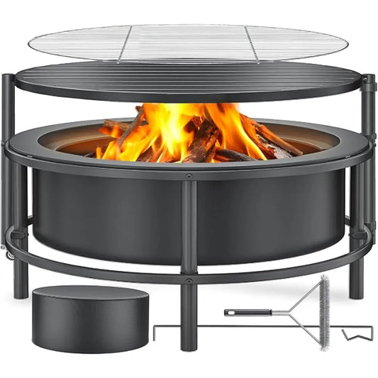 52" Fire Pits for Outside Wood Burning with Roating Table and BBQ Grill