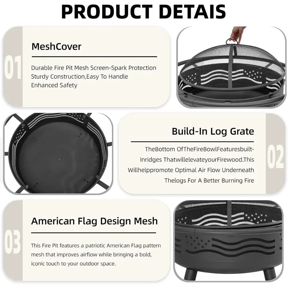 32" American Flag Fire Pit – Round Metal Wood‑Burning Firepit with Mesh Cover & Poker