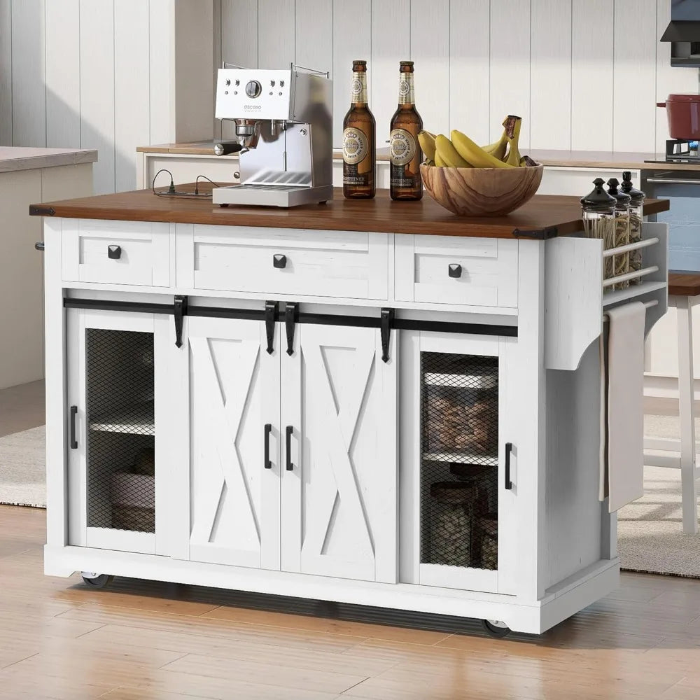 Farmhouse Kitchen Island Cart on Wheels with Drop Leaf & Power Outlet, Sliding Barn Door Storage Cabinet