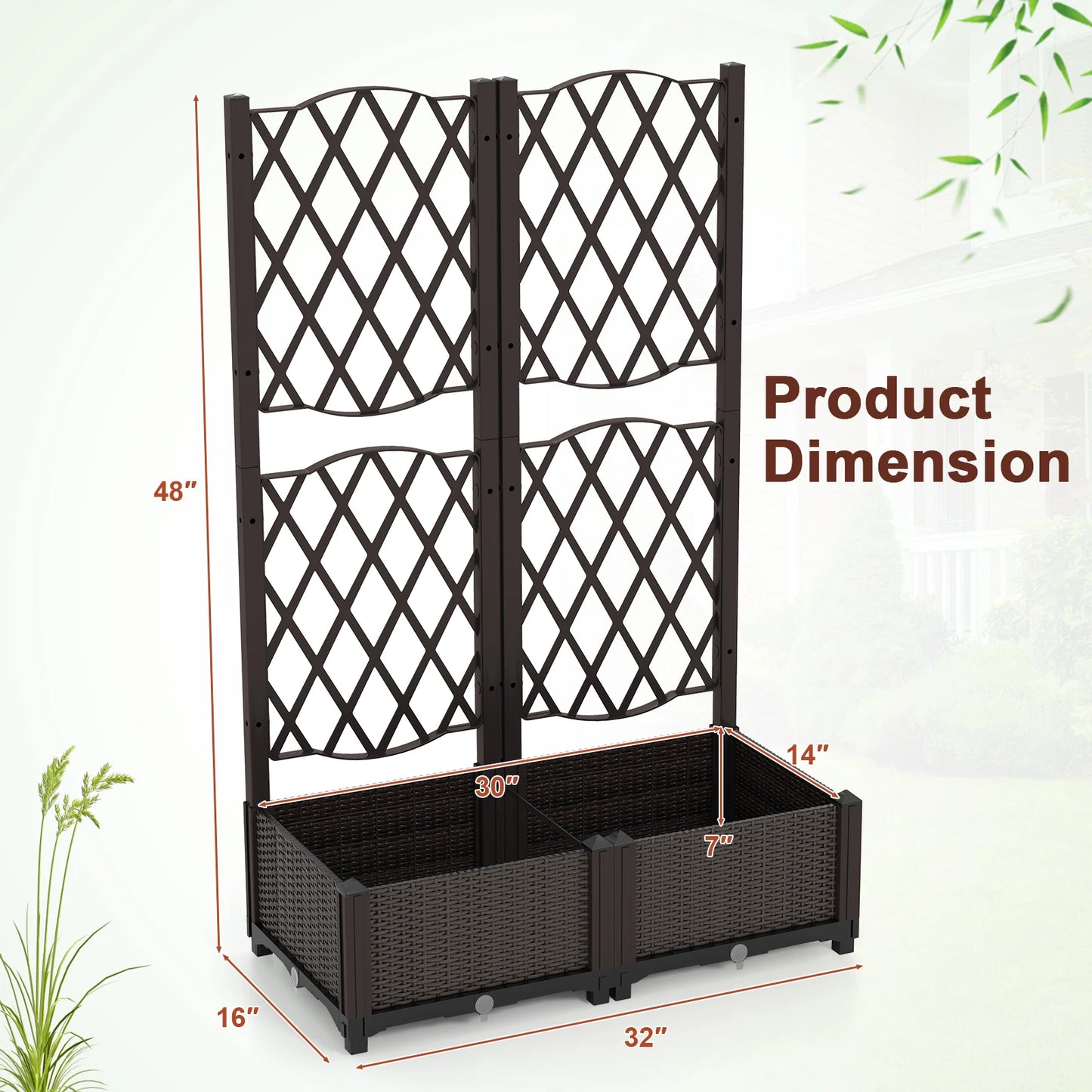 Raised Garden Bed w/Trellis Planter Box for Climbing Plants 32" x 16" x 48"