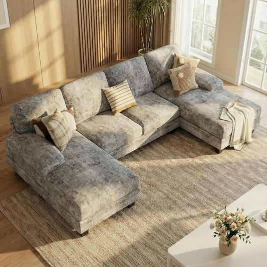 Grey Chenille 4-Seat Sectional Sofa with Removable Pillows