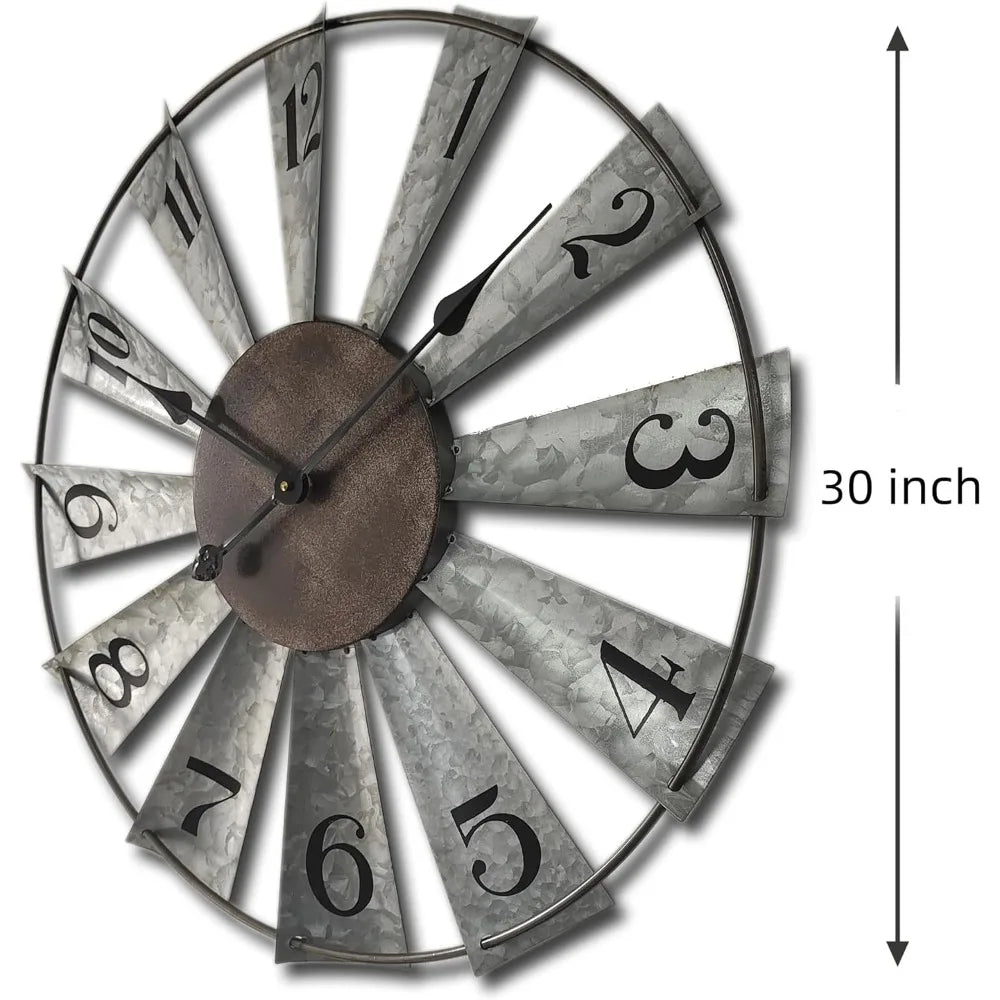 30-inch Windmill Distressed Metal Wall Clock, Rustic, Non-Ticking, Battery