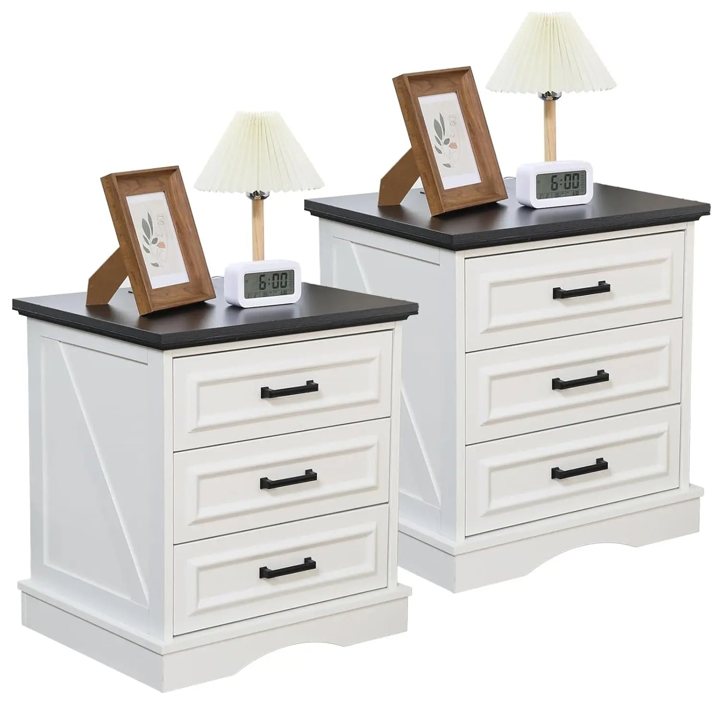 Farmhouse Nightstand Set of 2 – Wood Bedside Tables with Charging Station and 2 or 3 Drawers