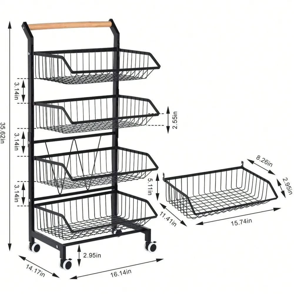 4‑Tier Utility Rolling Storage Cart – Kitchen Pantry Organizer with Solid Wood Handle & 360° Wheels