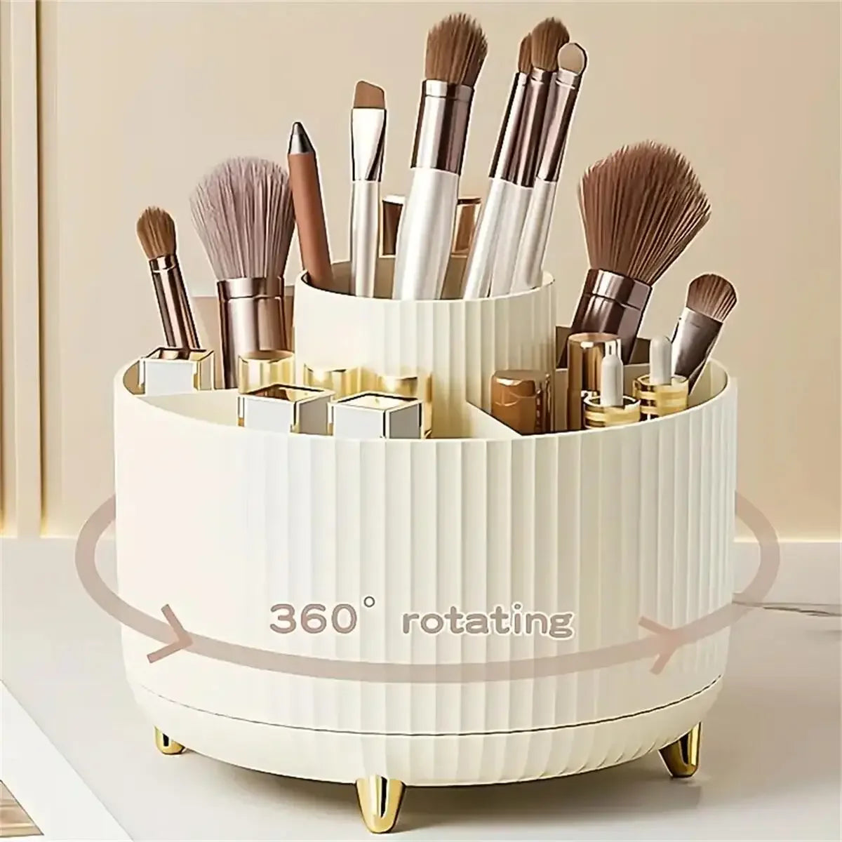 360° Rotating Makeup Organizer with 5 Compartments - Multi-Functional Holder for Brushes