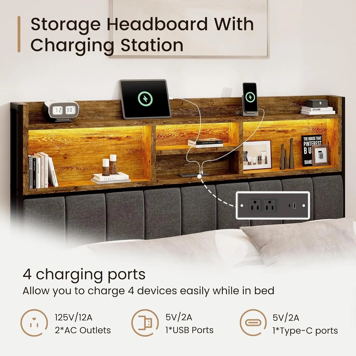 Queen Bed Frame with 6 Storage Drawers, Linen Upholstered Headboard, Built-in USB Charging Station & LED Lighting