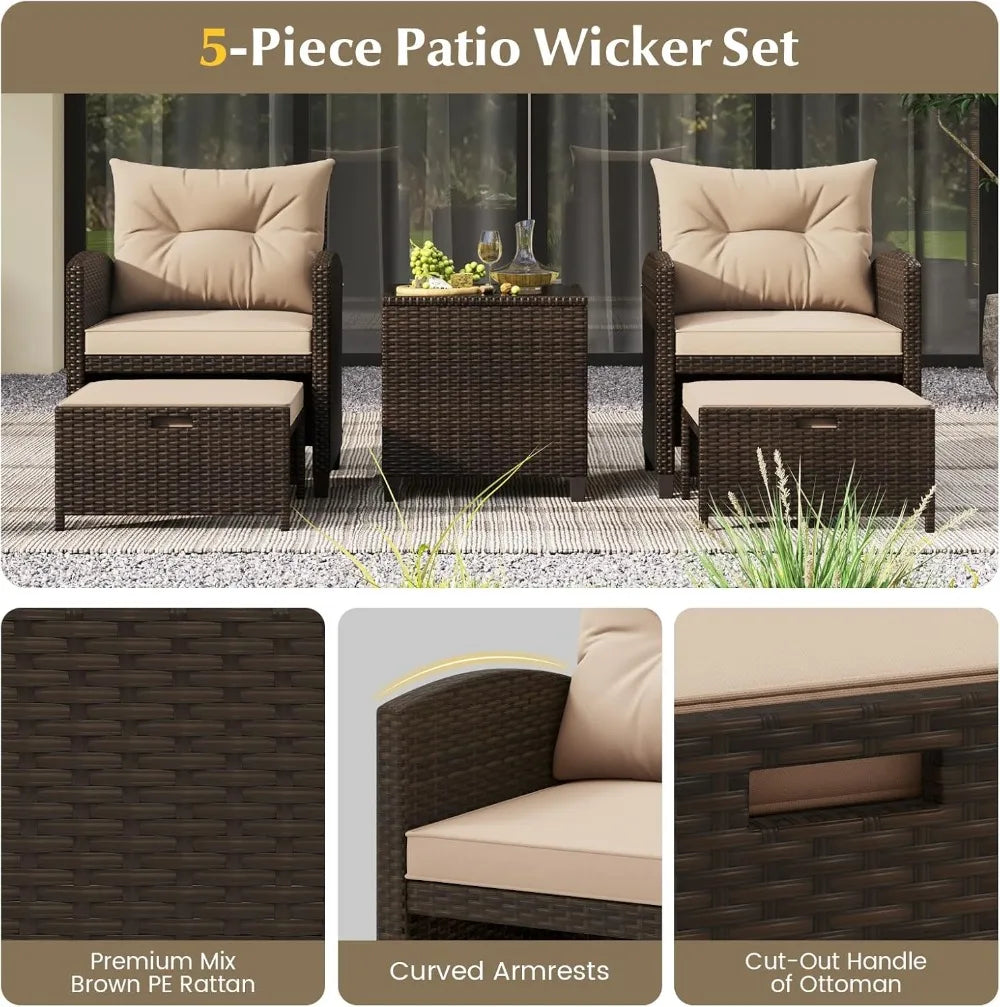 5-Piece Outdoor Patio Furniture Set with Chairs, Ottomans & Glass Table