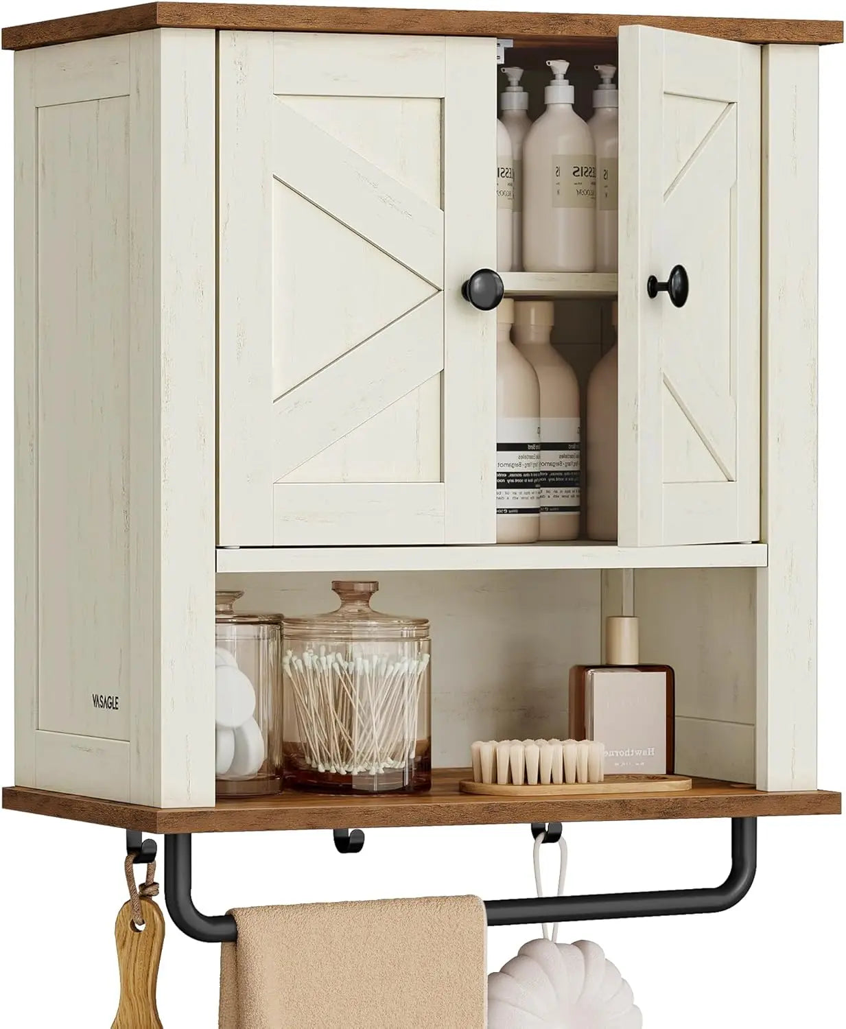 Farmhouse Wall-Mounted Bathroom Cabinet with Adjustable Shelf, Towel Bar, and Barn Doors - Rustic White