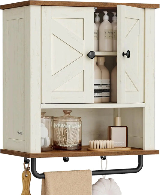 Farmhouse Wall-Mounted Bathroom Cabinet with Adjustable Shelf, Towel Bar, and Barn Doors - Rustic White