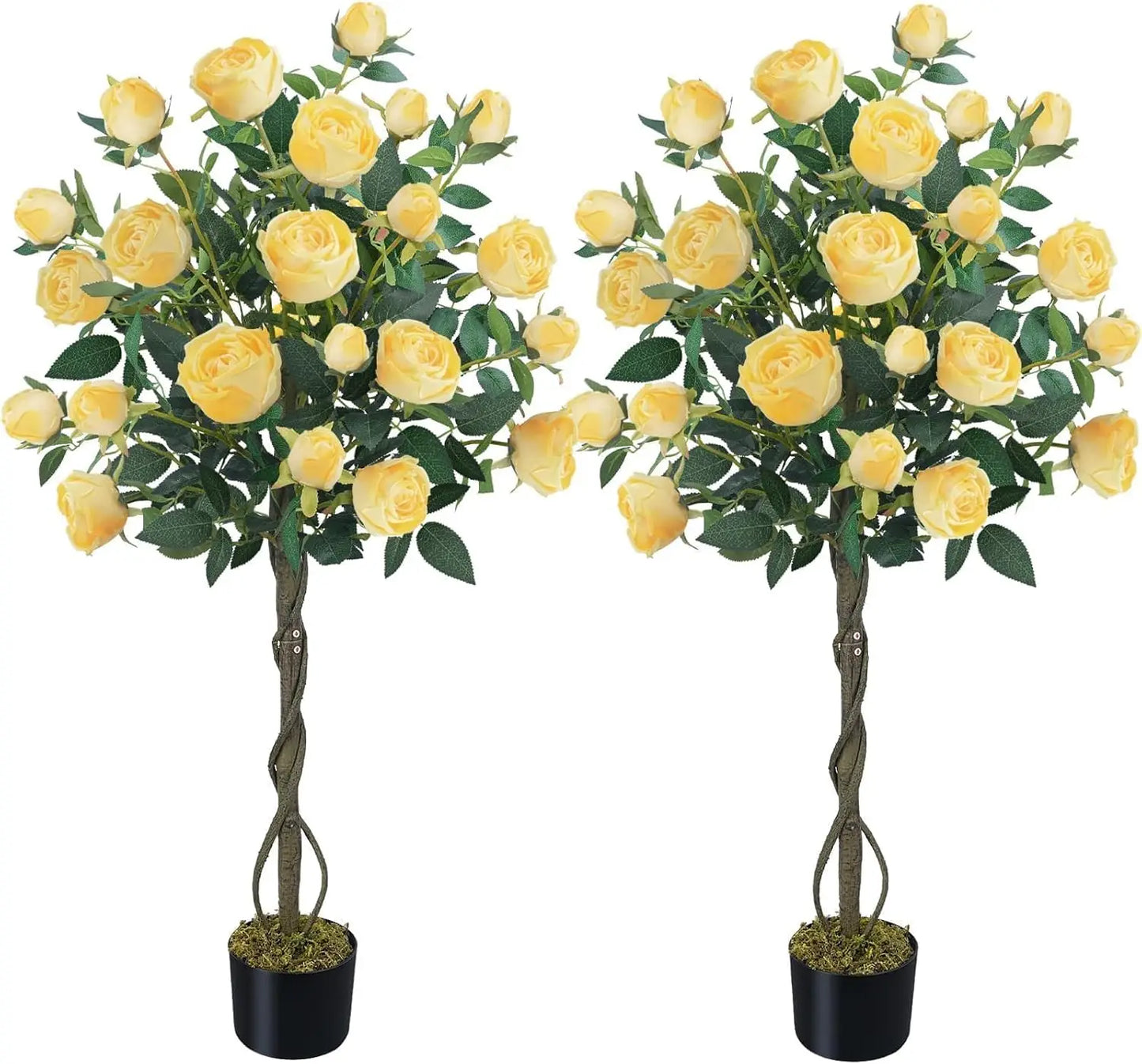 4FT Artificial Yellow Rose Tree – Set of 2 Faux Floral Trees with 52 Blooming Flowers for Home, Porch & Yard Décor