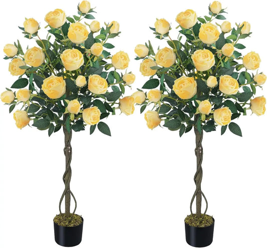4FT Artificial Yellow Rose Tree – Set of 2 Faux Floral Trees with 52 Blooming Flowers for Home, Porch & Yard Décor