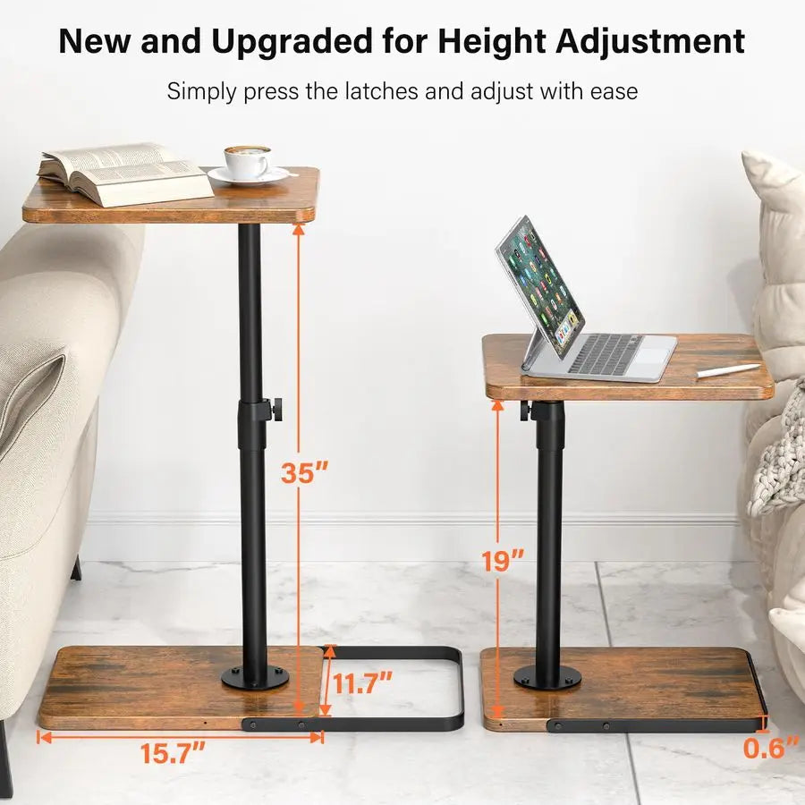 Adjustable Couch Tray Table – Height‑Adjustable with 360° Swivel Panel and Anti‑Slip Metal/Wood Base