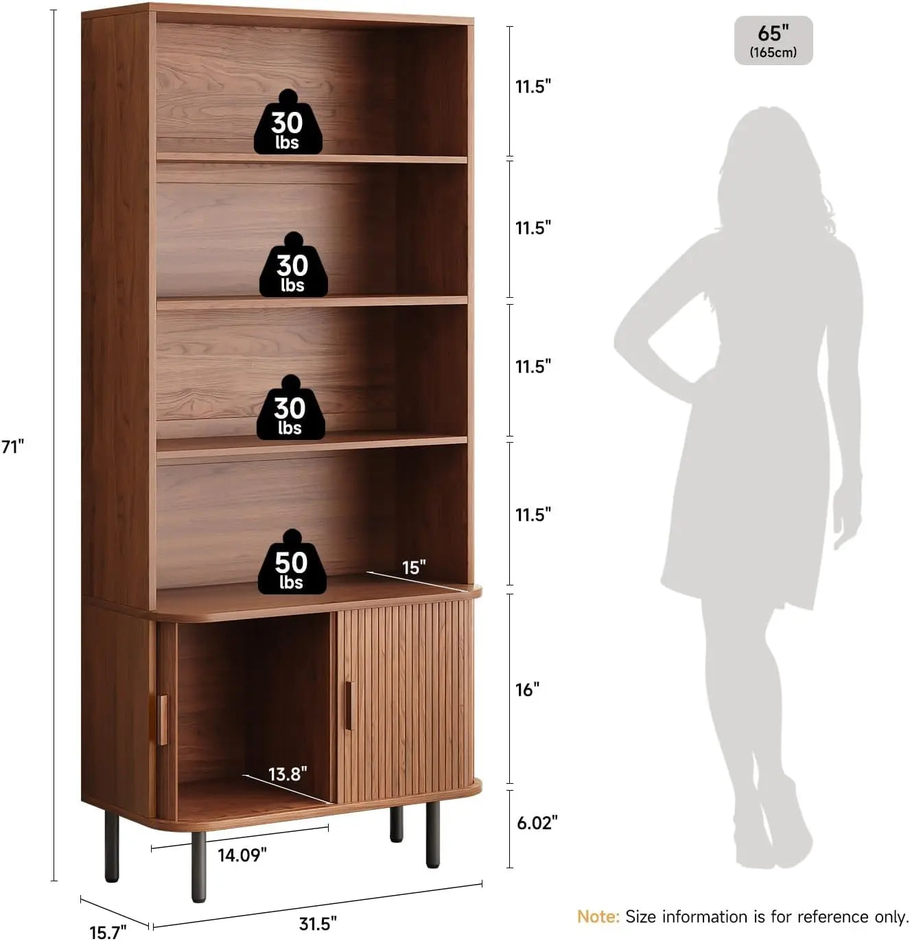 71" Mid-Century Modern Walnut Bookshelf | 4-Tier Bookcase with Sliding Door Cabinet