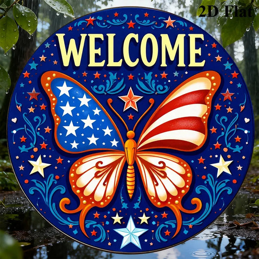 Vintage 8x8 Inch Round Wooden Sign, American Flag Butterfly Wall Decor, Patriotic Welcome Plaque for Home