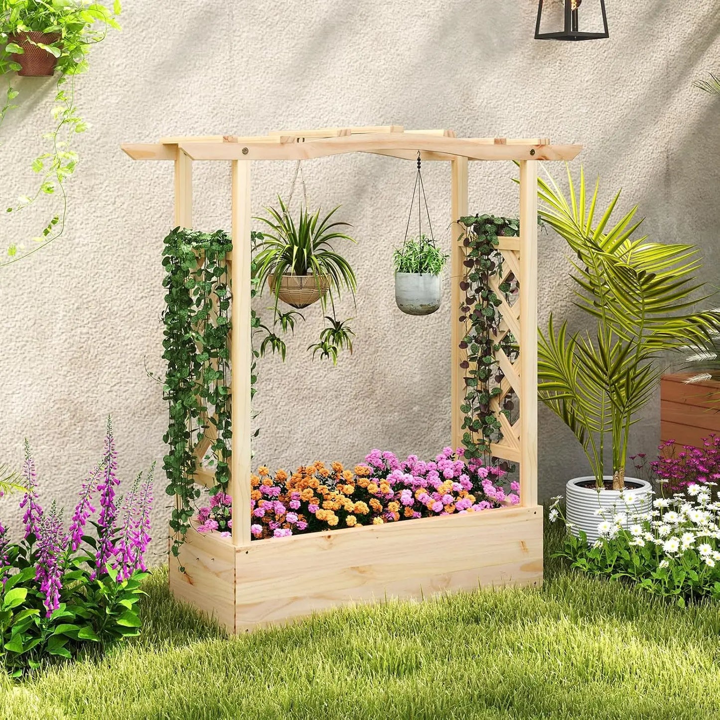 Elevated Garden Box with Trellis for Climbing Vines/plants for Outdoor Patio or Balcony 44x14x45