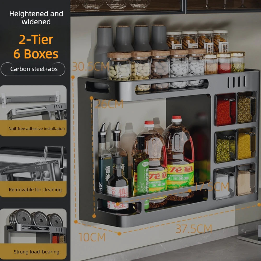 No‑Drill Wall‑Mounted Spice Rack – Carbon Steel Pull‑Out Seasoning Organizer for Kitchen