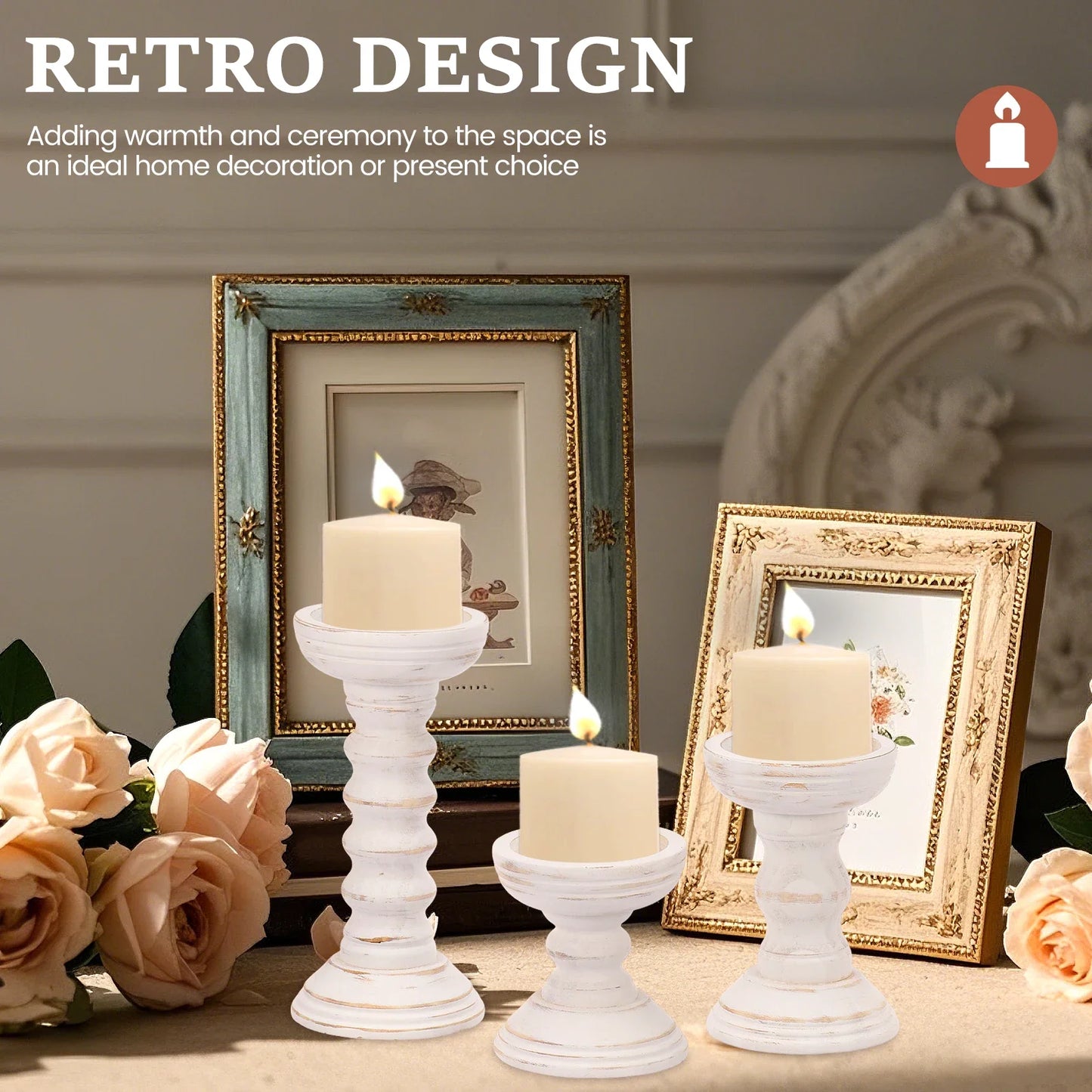 Whitewashed Wooden Pillar Holders – Vintage Carved Candle Stands (Set of 3)