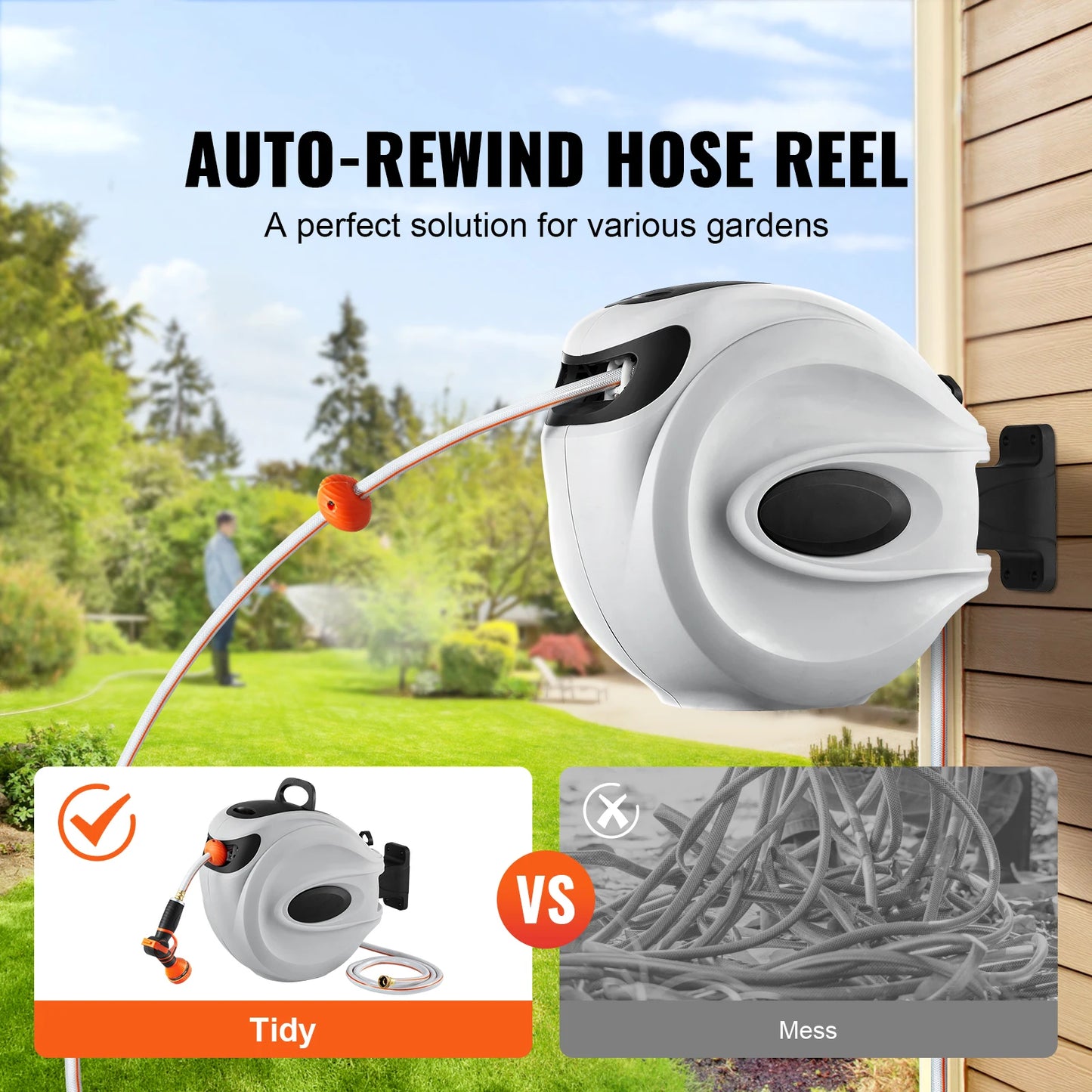 Retractable Hose Reel 180° Swivel Bracket Wall-Mounted Garden Water Hose Reel with 9-Pattern Nozzle Automatic Rewind