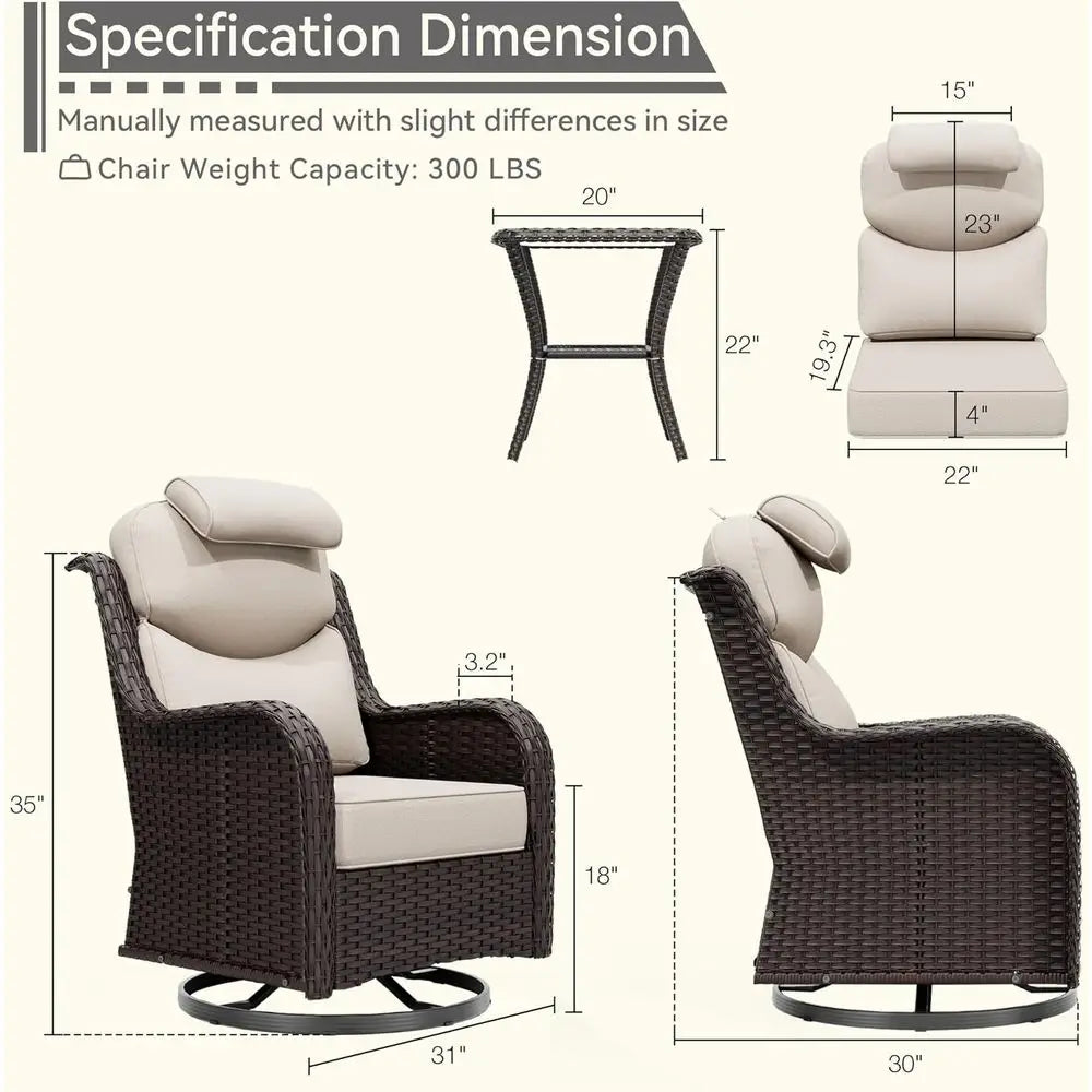 3-Piece High-Back Outdoor Swivel Rocking Chairs Set of 2 with Cushions and Side Table, Brown