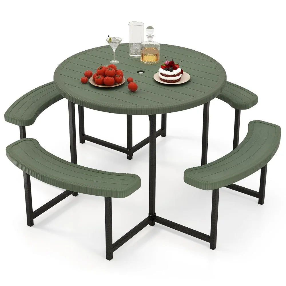 37" Round Picnic Table & Chair Set – Seats 4–8, Outdoor Table with Umbrella Holes