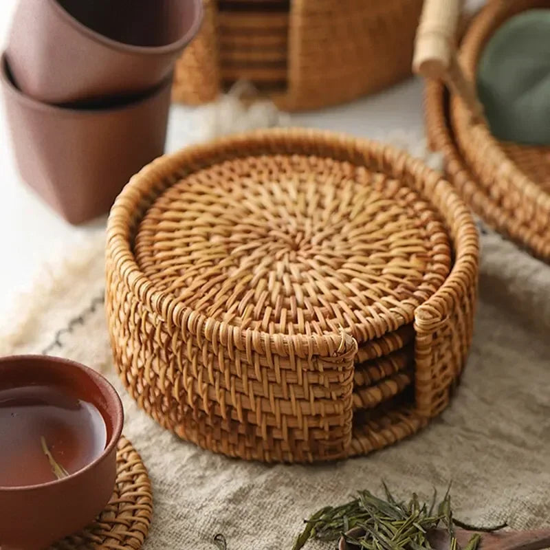 Heritage Round Rattan Coaster Set | 6-Piece Woven Drink Mats