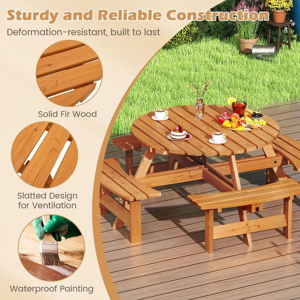8‑Person Wood Picnic Table – Outdoor Round Table with 4 Built‑In Benches & Umbrella Hole