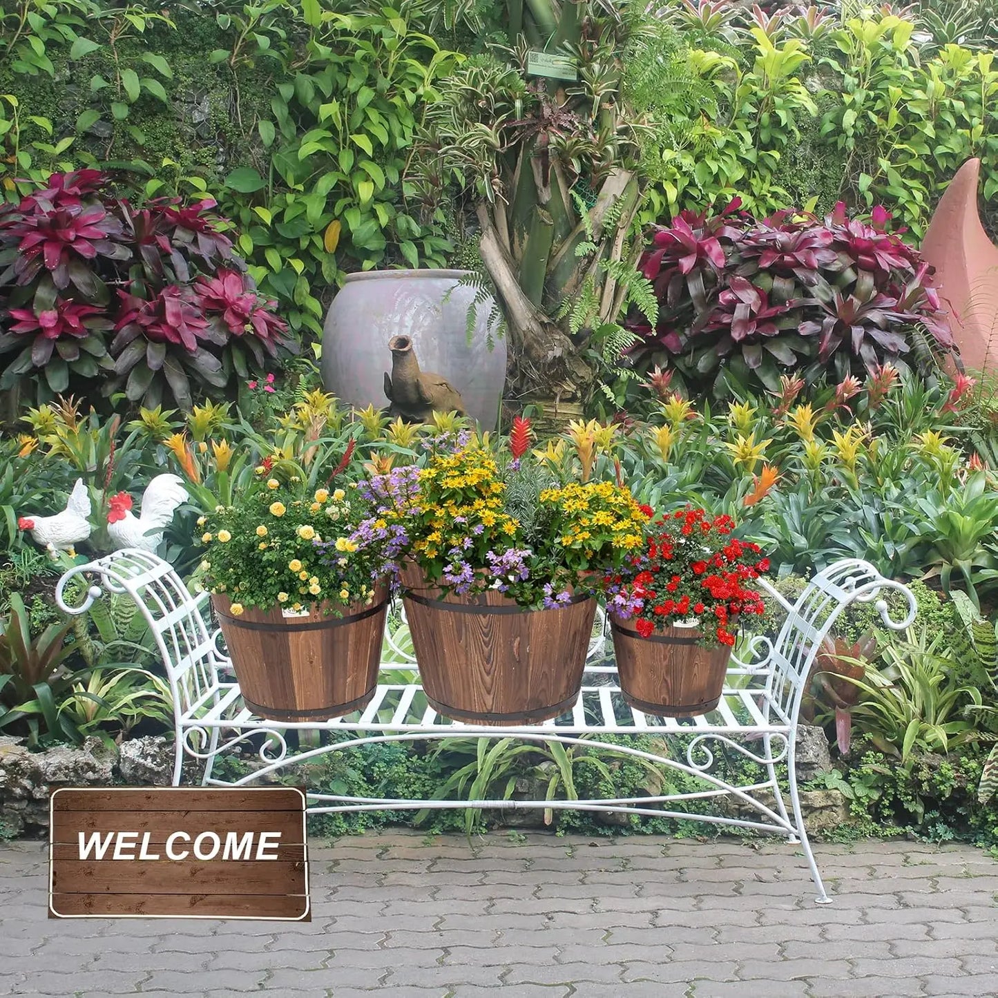 3‑Piece Large Wooden Planter Barrel Set – Real Wood Flowerpots with Drainage (11.5"–18")
