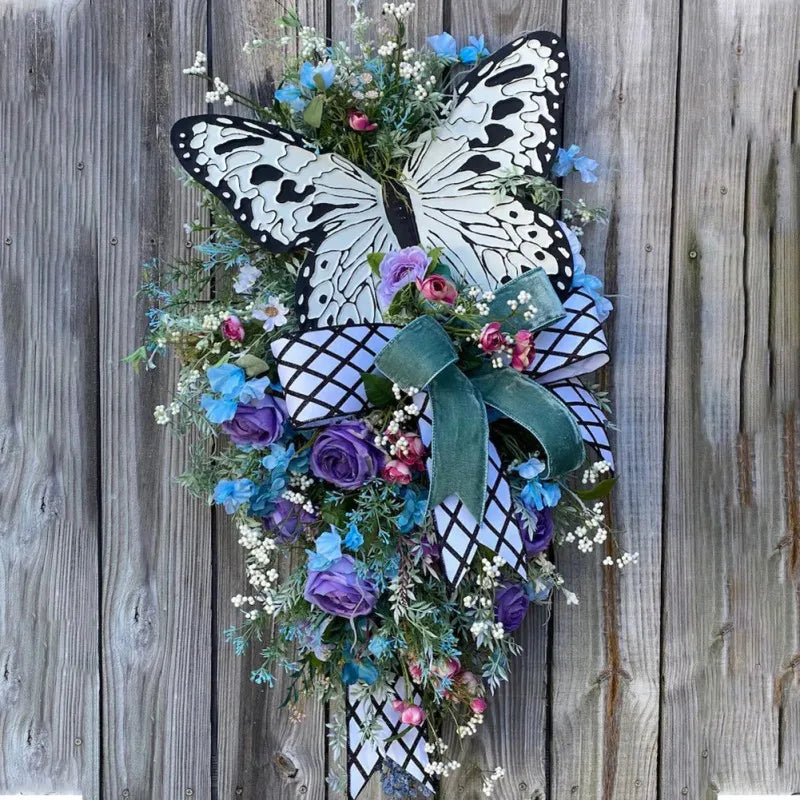 Spring & Summer Rose Butterfly Wreath – Artificial Floral Front Door Decoration