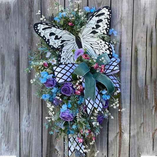 Spring & Summer Rose Butterfly Wreath – Artificial Floral Front Door Decoration