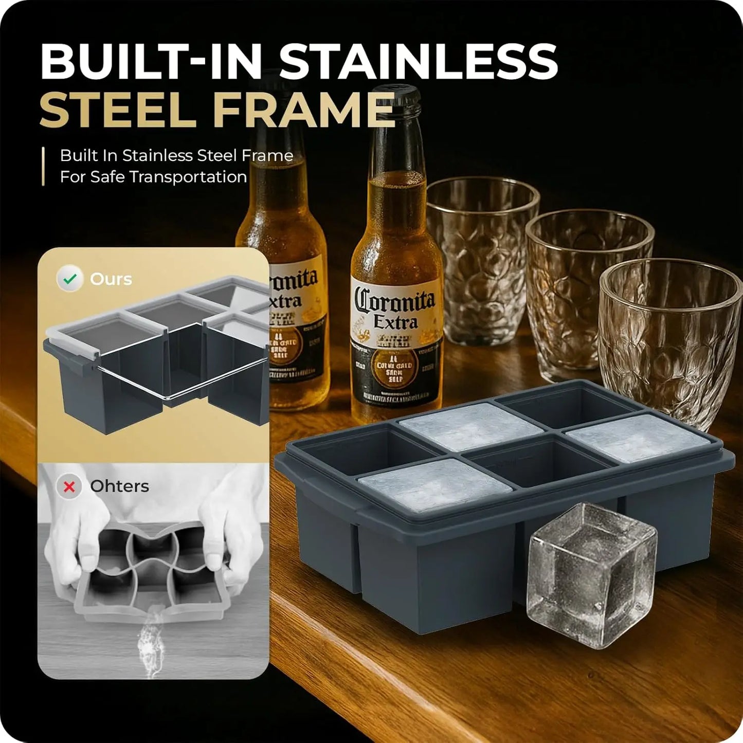 Silicone Ice Cube Tray with Lid – 12 Large 2‑Inch Cubes for Whiskey & Cocktails (2‑Pack)