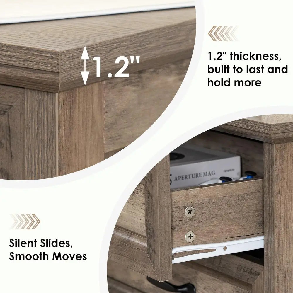 24" Farmhouse Nightstand with Charging Station – Bedside Table with 3 Drawers, AC Outlets & USB Ports