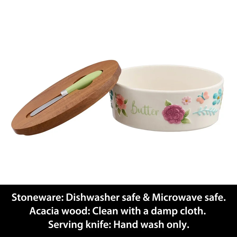 Painted Meadow Butter Dish Set – Floral Embossed Stoneware with Acacia Wood Lid & Metal Knife