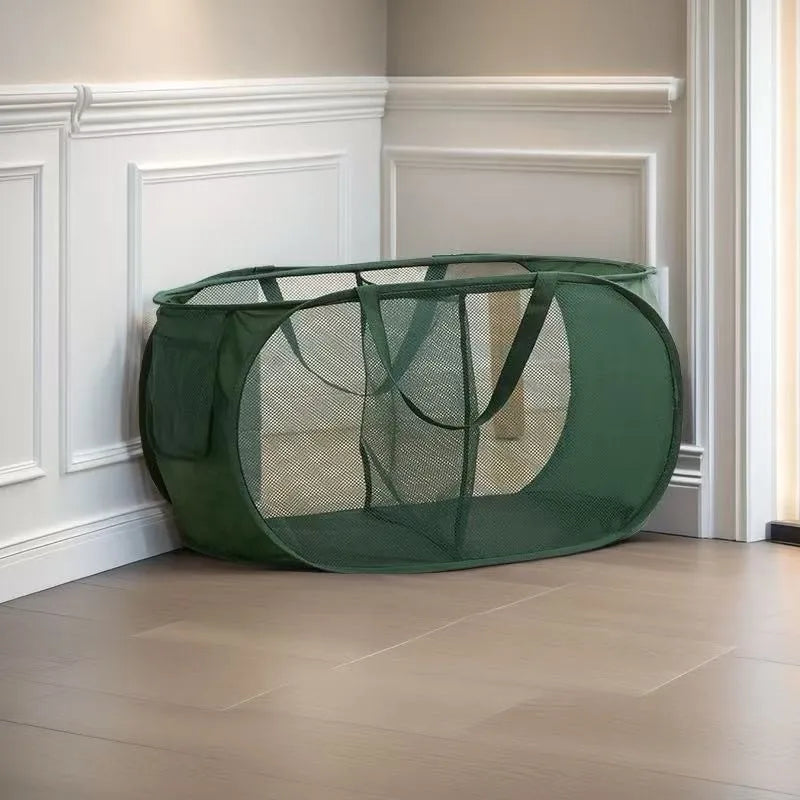 Durable Collapsible Laundry Basket, Mesh Pop Up Laundry Hamper With Side Pocket, Foldable Clothes Storage Hamper