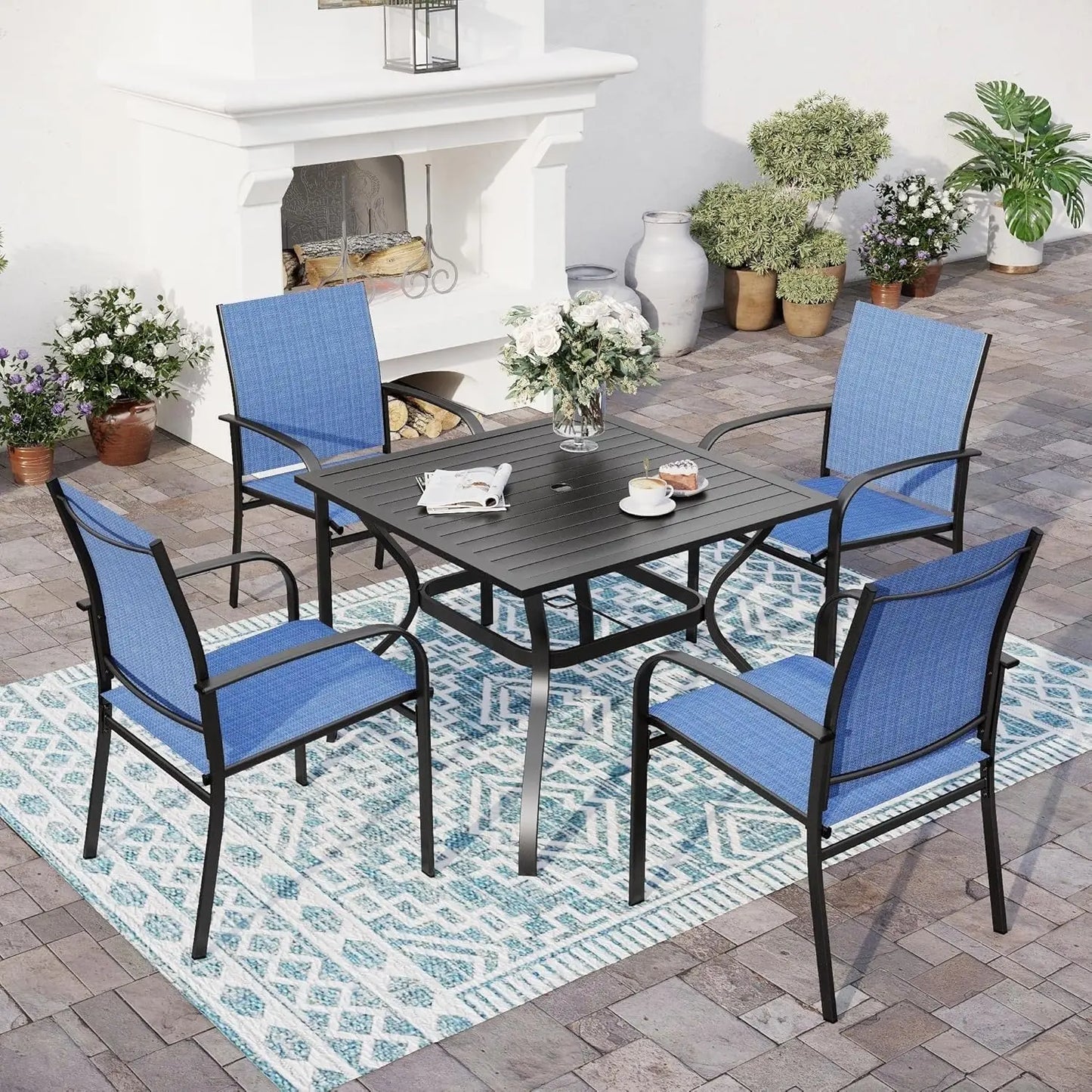 Outdoor Patio Dining Set (5/9/10‑Piece) – Square Table with Umbrella Hole & Metal Brown Chairs