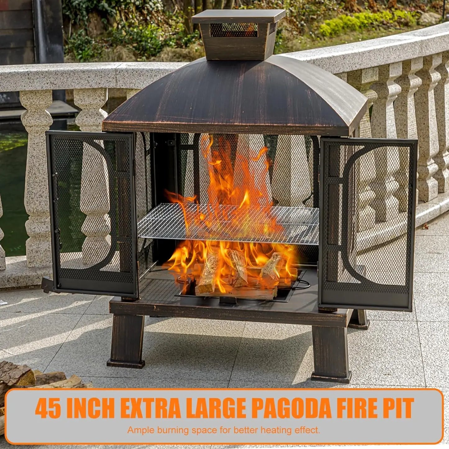 45"H×31''W Metal Square Chiminea Fire Pit with Grill, Wood Burning Fire Pits for Outside