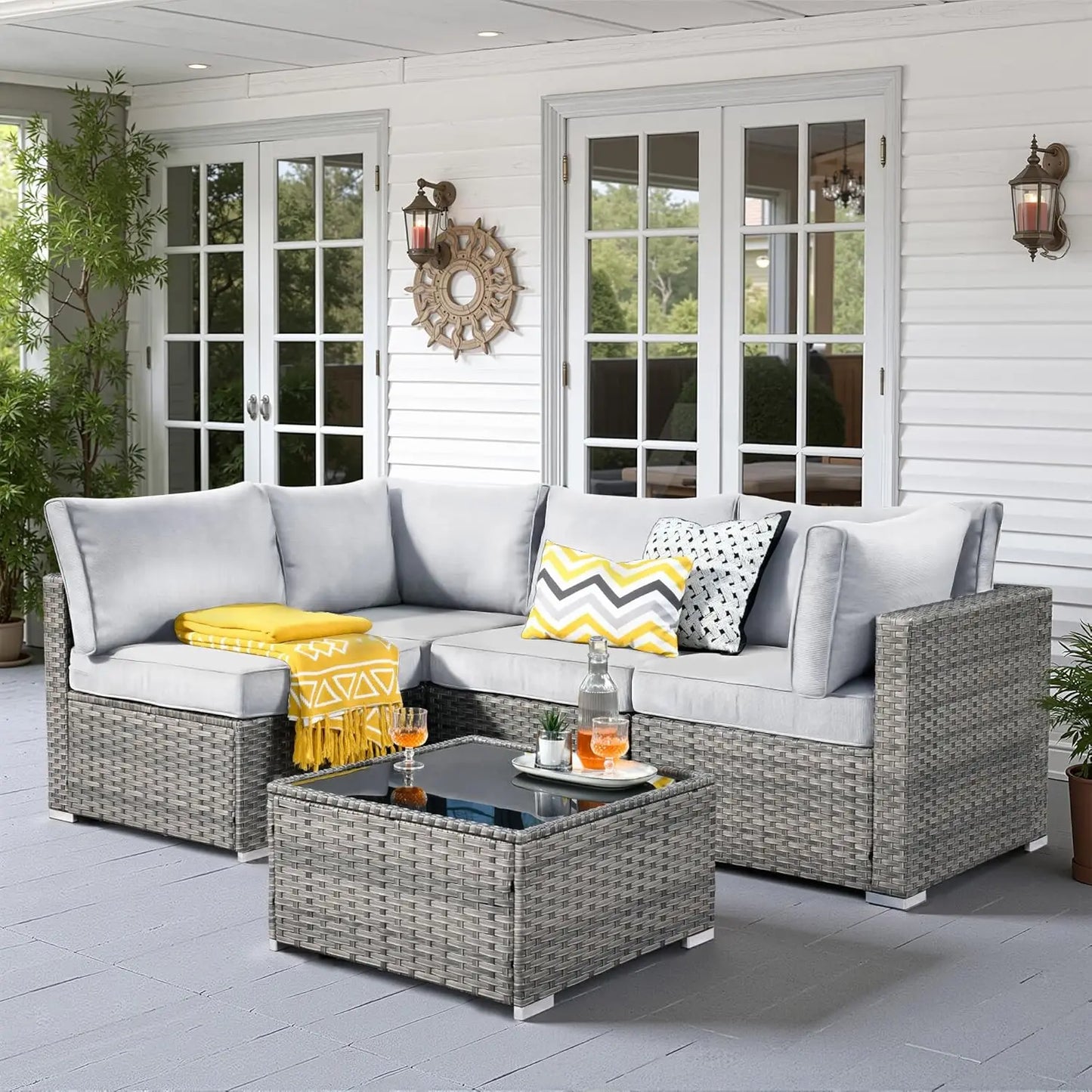5 PCS Outdoor Patio Furniture Sets, Wicker - Weather Resistant
