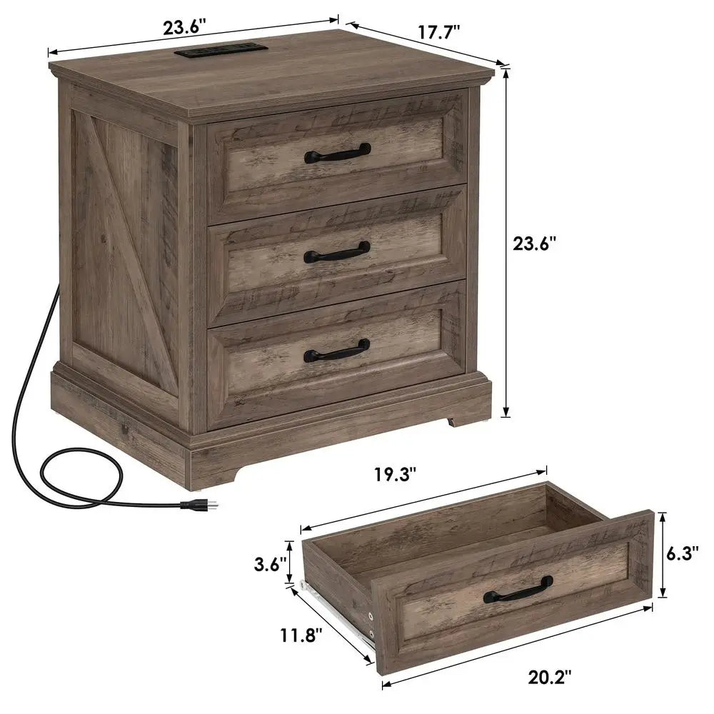 24" Farmhouse Nightstand with Charging Station – Bedside Table with 3 Drawers, AC Outlets & USB Ports