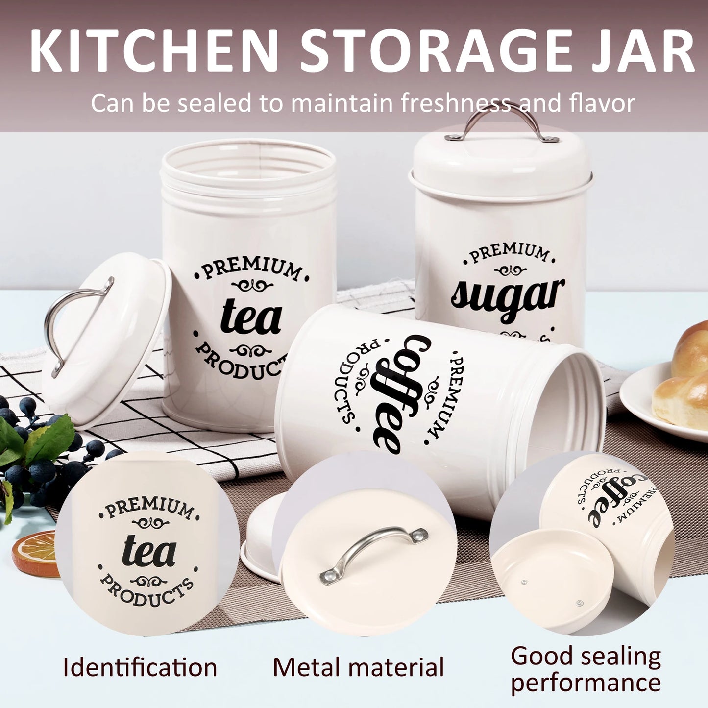 3Pcs Coffee Bean Organizer - Tea, Coffee, and Sugar Canisters Set with Lid