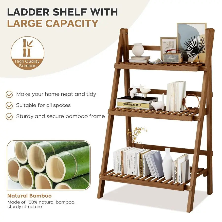 Wooden Ladder, 3 Tier Shelves, Foldable, 23.6W x 15D x 39.4H