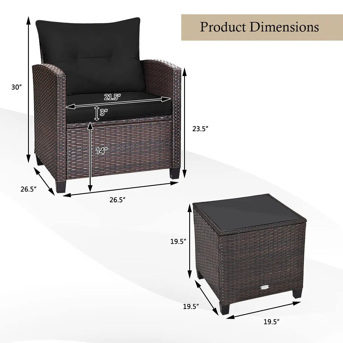 3‑Piece PE Rattan Patio Furniture Set – Outdoor Chairs with Washable Cushions & Tempered Glass Table (Multiple Colors)