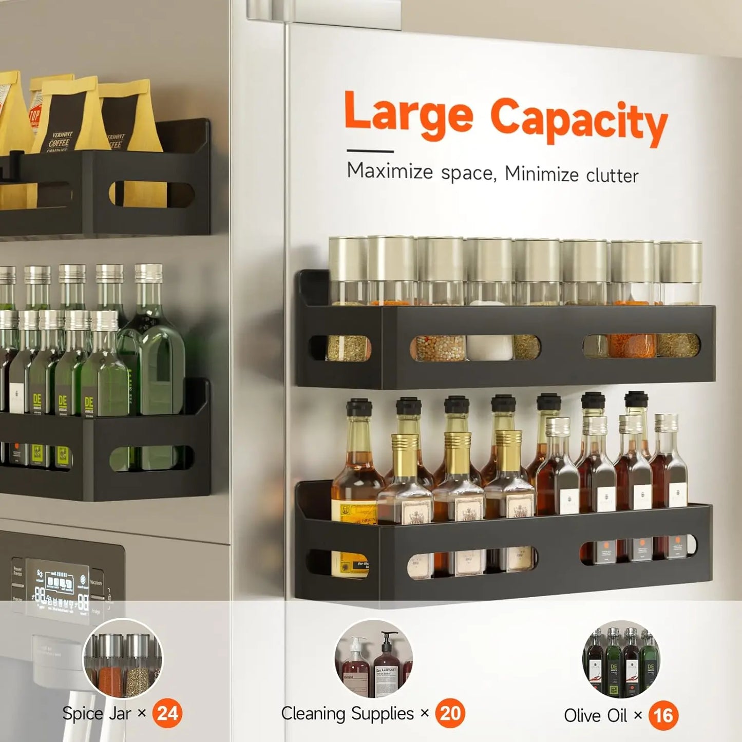 Magnetic Spice Rack for Refrigerator, Kitchen Organizer and Storage Shelf, Black (4 Pack)