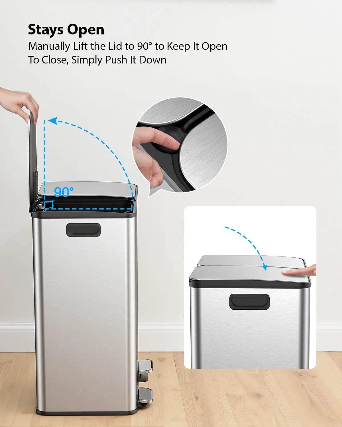 Kitchen Trash Can - Stainless Steel Trash and Recycle Bin Combo with Soft-Close Lid, Dual