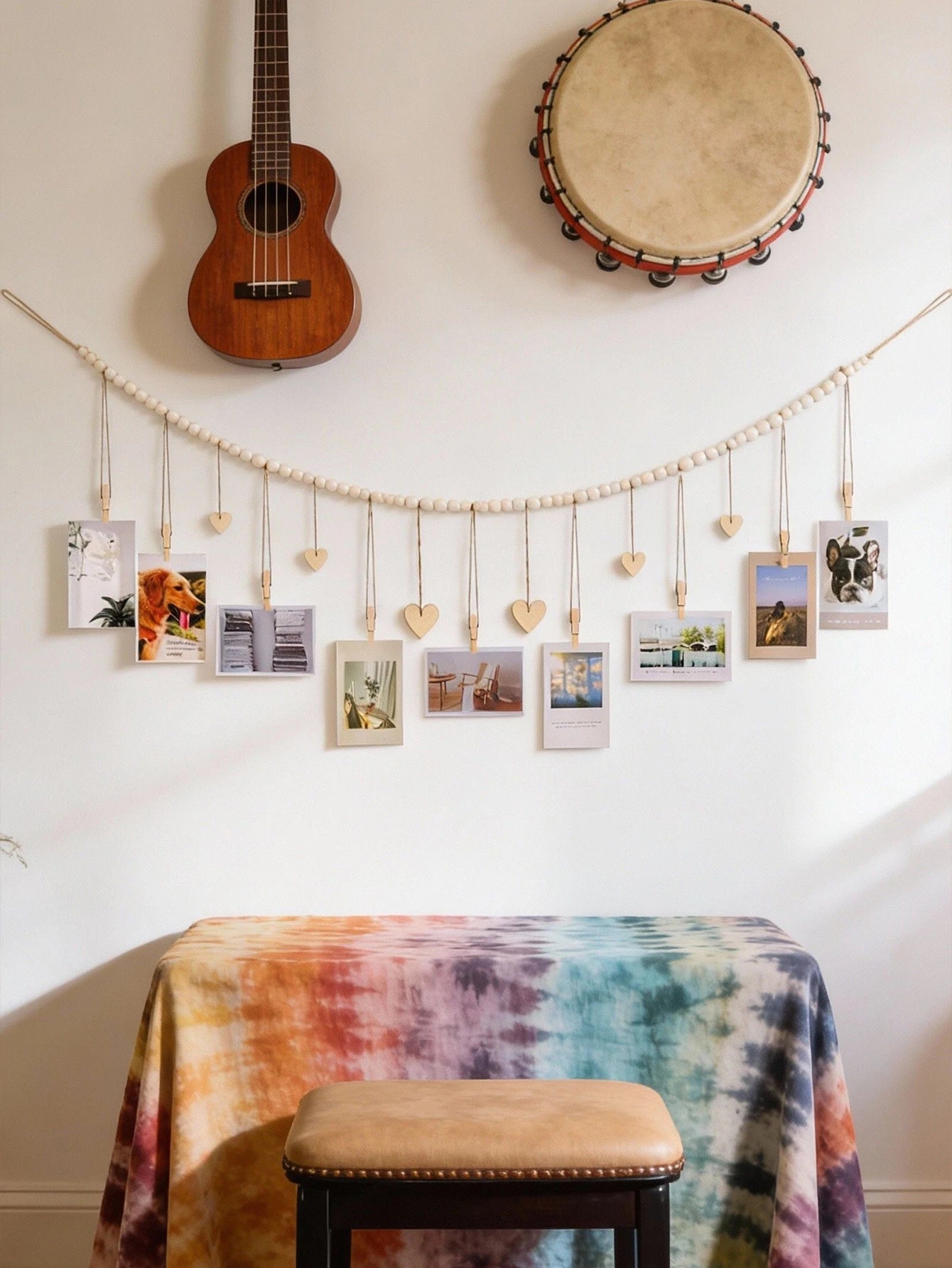 Wooden Bead Photo Garland with Heart Clips – Boho Hanging Picture Display for Bedroom, Dorm & Home Décor