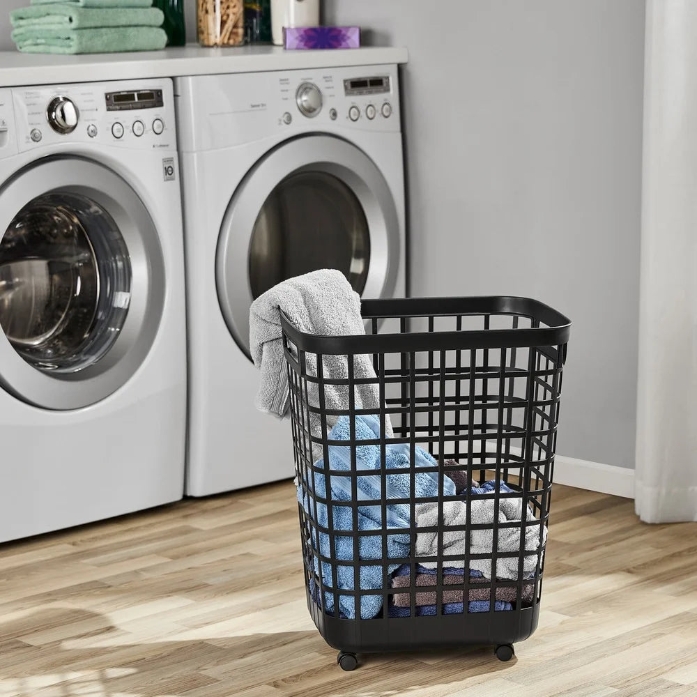 Rolling Laundry Hamper - Black Plastic Storage Bin Open Top Portable with Casters Easy Clean Durable for Home or Dorm Room