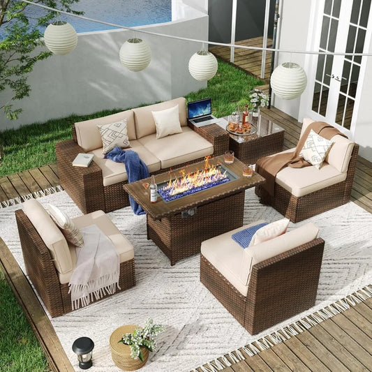 7 Piece Patio Furniture Set with 44 Inch Fire Pit Table, Outdoor Wicker Parlor Set with Thick Cushions